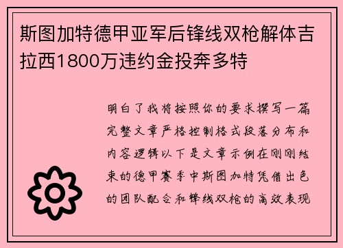 斯图加特德甲亚军后锋线双枪解体吉拉西1800万违约金投奔多特
