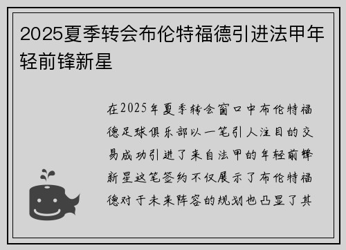 2025夏季转会布伦特福德引进法甲年轻前锋新星