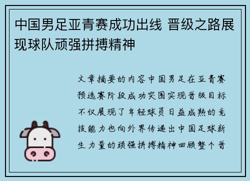 中国男足亚青赛成功出线 晋级之路展现球队顽强拼搏精神