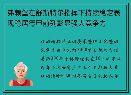 弗赖堡在舒斯特尔指挥下持续稳定表现稳居德甲前列彰显强大竞争力
