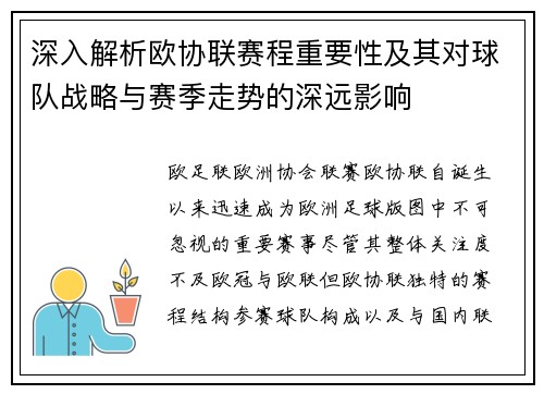 深入解析欧协联赛程重要性及其对球队战略与赛季走势的深远影响 深入解析欧协联赛程重要性及其对球队战略与赛季走势的深远影响